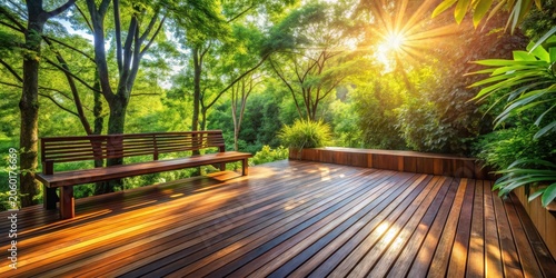 Serene Wooden Deck in a Lush Green Garden, Bathed in Golden Sunlight, Offers a Peaceful Place for Relaxation and Contemplation