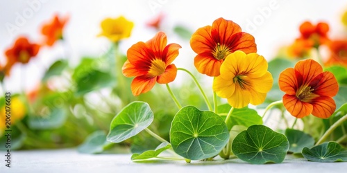 Vibrant Nasturtium Blooms in a Close-Up Display of Delicate Petals and Lush Green Foliage