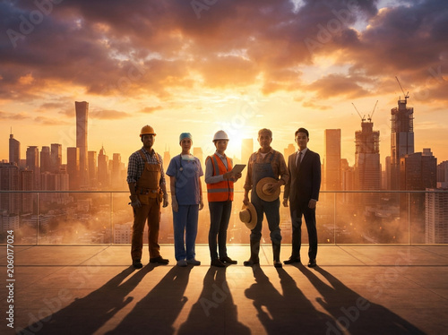 Diverse Group of Professionals Standing Together Against a Modern City Skyline at Sunset