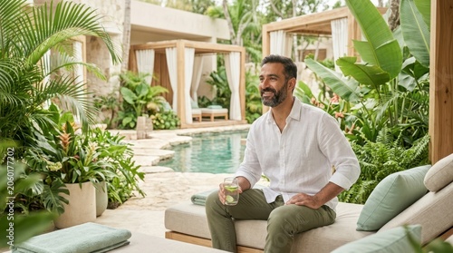 Man relaxing by a tropical resort pool with a refreshing drink and lush greenery