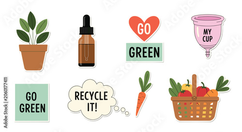 Collection of eco friendly stickers featuring plants recycling themes a menstrual cup organic produce and motivational slogans.