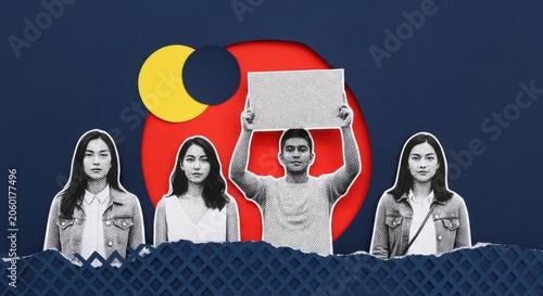 Group of young people holding a blank sign in front of abstract background