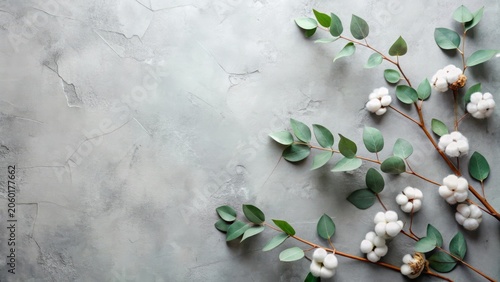 Serene arrangement of cotton blossoms and eucalyptus branches on a textured gray surface, providing a minimalist and elegant backdrop for design projects.