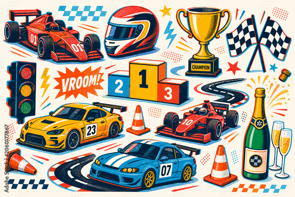 Naklejka premium Vibrant racing elements including cars, trophy, and checkered flags create a dynamic scene