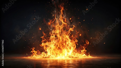 Fiery Inferno on Dark Surface  A Dramatic Visual of Burning Embers and Rising Flames with Sparks