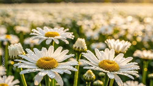A Sunlit Field Of Daisies In Morning Dew