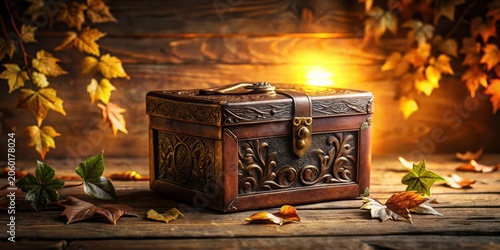 An Ornate Wooden Box Rests Amongst Autumn Leaves on a Rustic Wooden Surface, Bathed in Warm Golden Light
