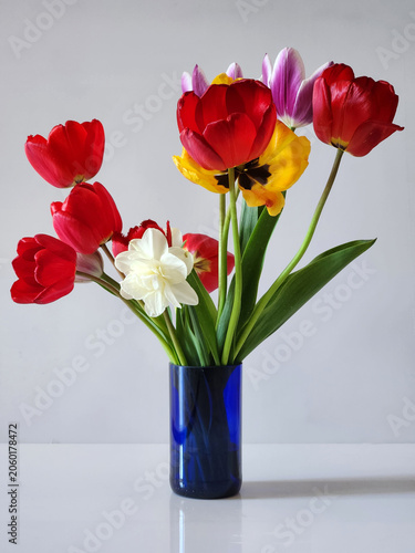 Bouquet of tulips in a blue vase. Vase with tulips