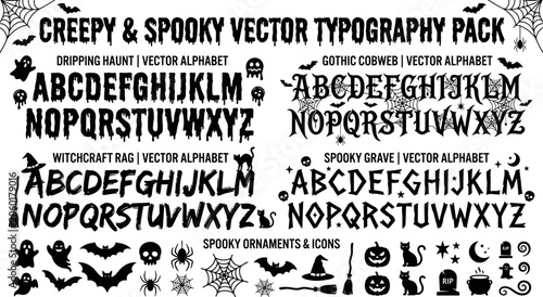 Fotografie Creepy and spooky vector typography pack with Halloween themed fonts and icons