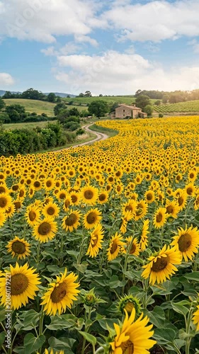 Blooming sunflower field stretching across the countryside under a blue sky. Summer agriculture, travel destination and natural beauty concept.