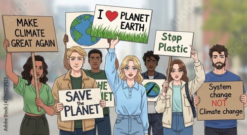 Diverse group of young people protesting for climate action and environmental protection
