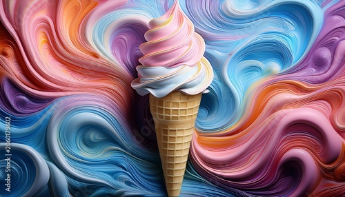Sweet Treat On Whimsical Swirls A Pastel Ice Cream Cone Resting On A Dreamy Abstract Background Of Intertwined Colors