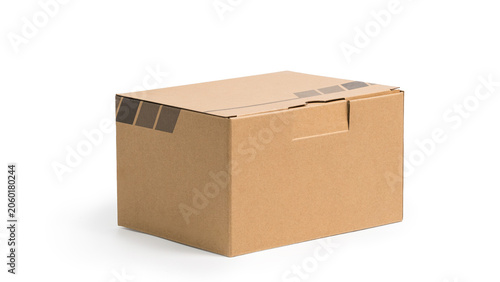 brown kraft paper box isolated on white background. Empty cardboard parcel package for shipping, logistics, and e-commerce delivery concept.
