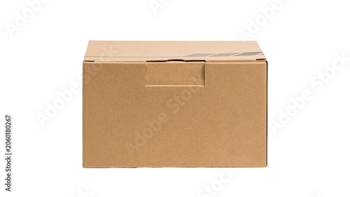 brown kraft paper box isolated on white background. Empty cardboard parcel package for shipping, logistics, and e-commerce delivery concept.