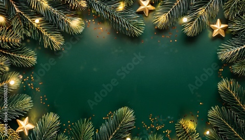 Dark Green Luxury Christmas Design Gold Accents Pine Branches And Fairy Lights Framing The Top And Bottom Soft Depth Of Field Holiday Sparkle Elegant And Classy Mood