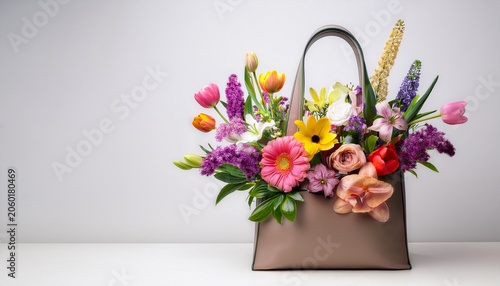 Fresh Materials Elegant Tote Filled With Colorful Spring Flowers Against Classic White