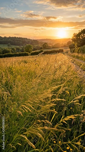 Golden meadow grass glowing in warm sunset light across a rural landscape. Summer countryside, nature and seasonal beauty concept.