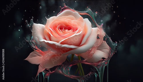 Smoke Selected Soft Focus Cream Pink Red Rose Flower Through Glass With Wet Flow Water Drops Abstract Natural Blur Black Dark Background