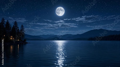 Full moon reflecting across a calm lake beneath a starry night sky. Peaceful nature landscape and outdoor serenity concept.