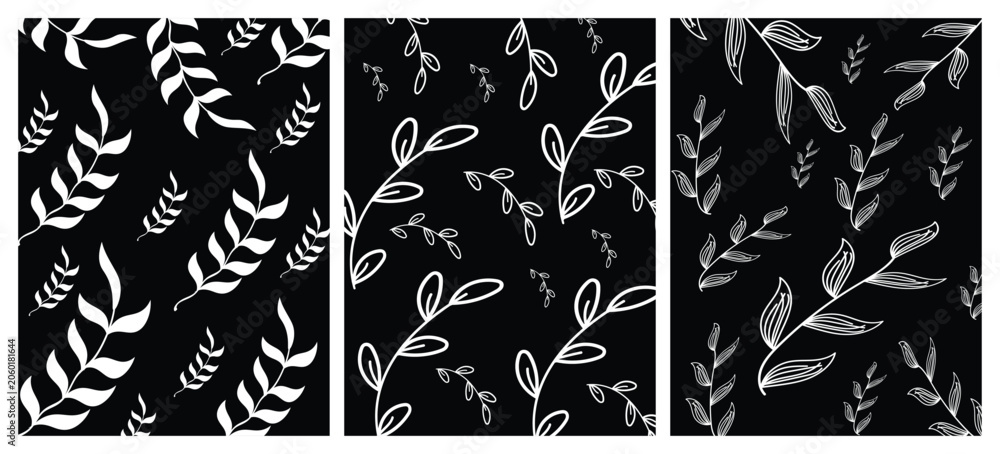 Fototapeta premium Elegant Monochrome Botanical Seamless Pattern Collection, White Leaf Illustrations on Black Background Pattern Set, Modern Floral Line Art Nature Inspired Design Bundle