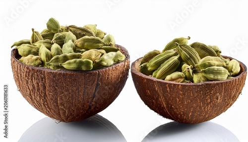 Cardamon In A Coconut Bowl Isolated