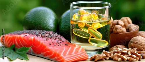 Collection of healthy fats featuring avocados, salmon, walnuts, and omega 3 capsules arranged on a wooden surface