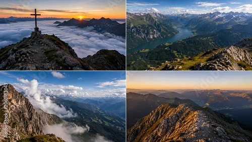 Mountain landscape collage featuring scenic alpine views and dramatic peaks. Adventure travel, hiking and outdoor exploration concept.