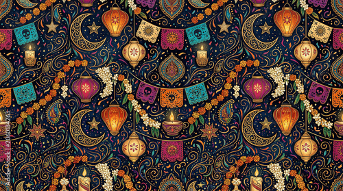 Islamic lantern and moon seamless pattern with festive garlands and floral ornaments.
