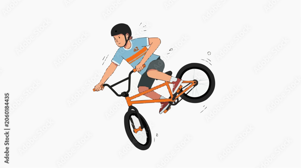 Naklejka premium Young boy wearing a helmet performs a trick on a BMX bicycle with an orange frame, dynamic action shot