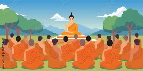Foto illustration of buddhaand monk with mountain landscape
