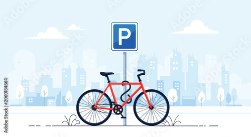 Red bicycle locked to a pole under a blue parking sign with a city skyline silhouette in the background for urban transport.