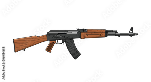 Detailed illustration of an AK-47 assault rifle with wooden stock and grip on a white background for military and firearm concepts.