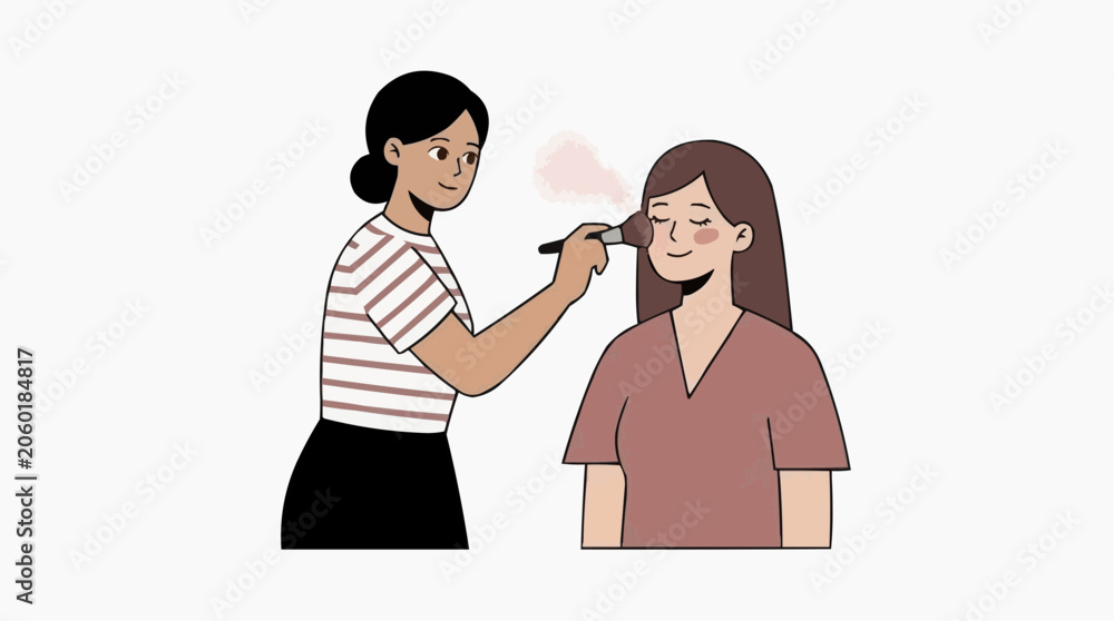 Fototapeta premium Two women applying makeup one applying blush to the other with a brush in a simple flat illustration style