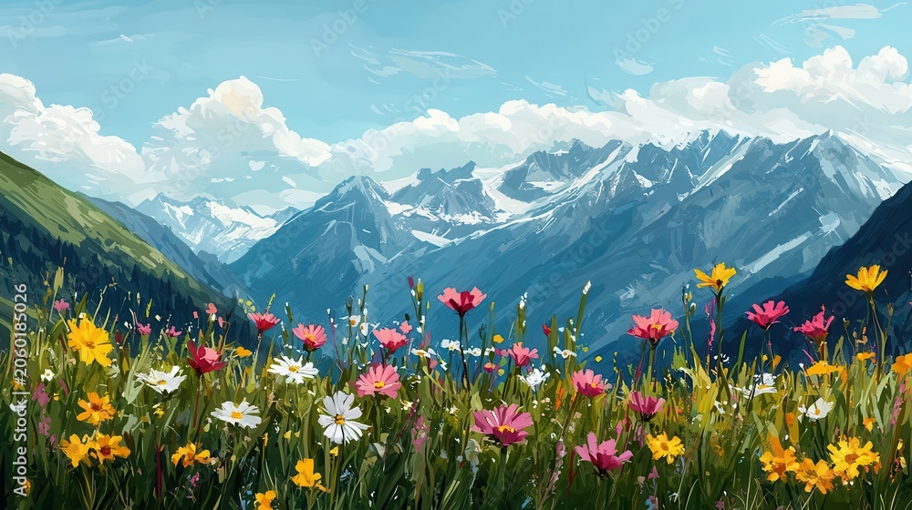 Fototapeta premium Sloped alpine terrain with rugged stone ridges and blooming patches of wildflowers