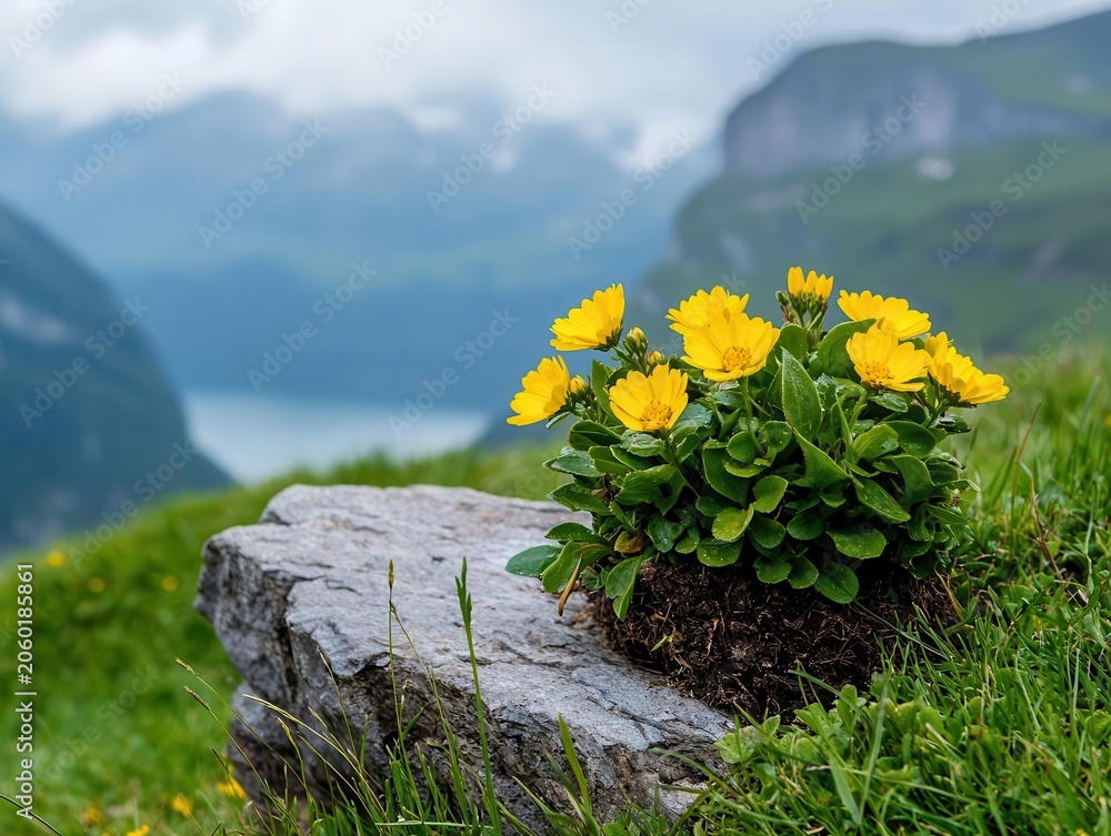 Obraz premium Alpine landscape with rugged cliffs and hardy flowers surviving in thin soil