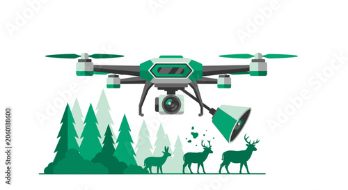 Modern Quadcopter Drone Monitoring Wildlife Deer in Forest Illustration. Smart Technology for Nature Conservation, Ecological Surveillance, and Environmental Protection.