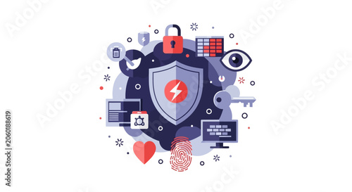 Cybersecurity and Data Protection Flat Vector Illustration with Shield, Padlock, Key, and Fingerprint Icons for Digital Privacy