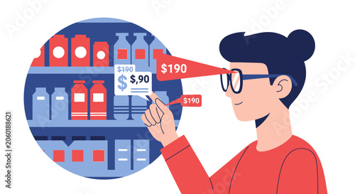 Woman Using Augmented Reality Smart Glasses for Grocery Price Comparison and Retail Shopping Analysis