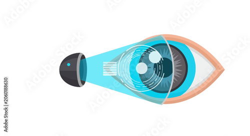 Futuristic Retinal Scan and Biometric Eye Identification Technology Concept Illustration with Digital HUD Interface for Security and Healthcare