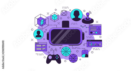 Virtual Reality Technology Illustration with VR Headset, Gaming Controller, and Metaverse Elements for Digital Experience and Cyberspace Concept