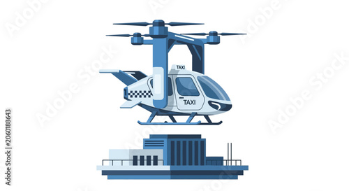 Futuristic Urban Air Taxi eVTOL Lifting Off From Vertiport Terminal, Illustration of Advanced Flying Transportation Drone for Smart City Mobility