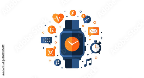 Modern Smartwatch Vector Illustration Featuring Health Tracking and Connectivity Icons