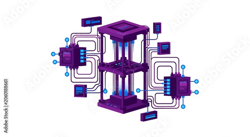 Isometric Quantum Computer and High-Tech Server Rack Vector Illustration for Data Center and Artificial Intelligence Concepts