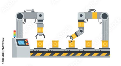 Industrial Automated Production Line with Robotic Arms on Conveyor Belt Illustration