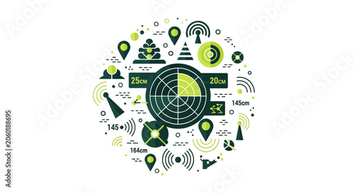 Green Radar and Sonar Infographic for Environmental Monitoring, Geolocation Tracking, and Sustainable Data Mapping