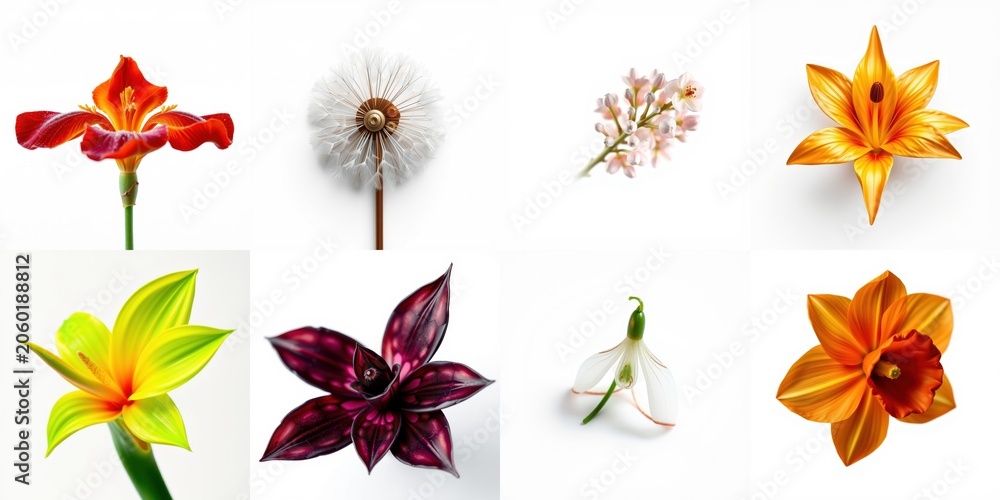 Obraz premium Floral collection displays diverse blooms. Bright colors, delicate petals, varied shapes present botanical beauty. Simple white background emphasizes flowers.