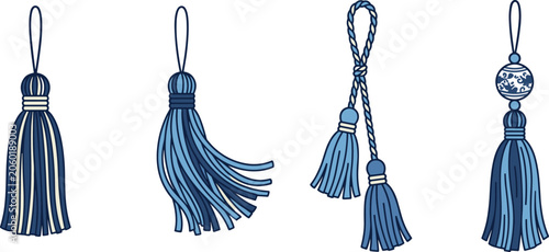 Fotografie Blue Decorative Tassel Vector Set featuring Diverse Hanging Trim Designs Twisted