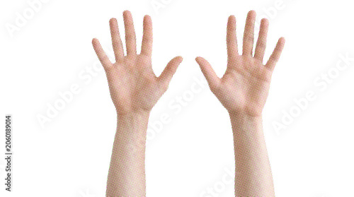 Two raised hands in halftone pop art style isolated on white background
