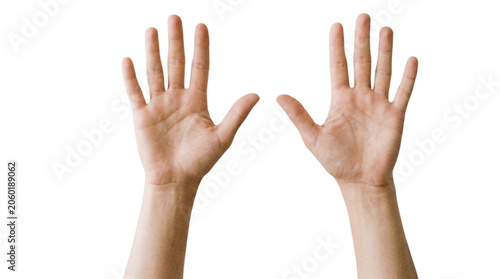 Two raised hands with halftone dot pattern isolated on white background