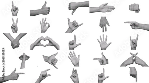 Halftone hand gestures set with various communication signs and symbols